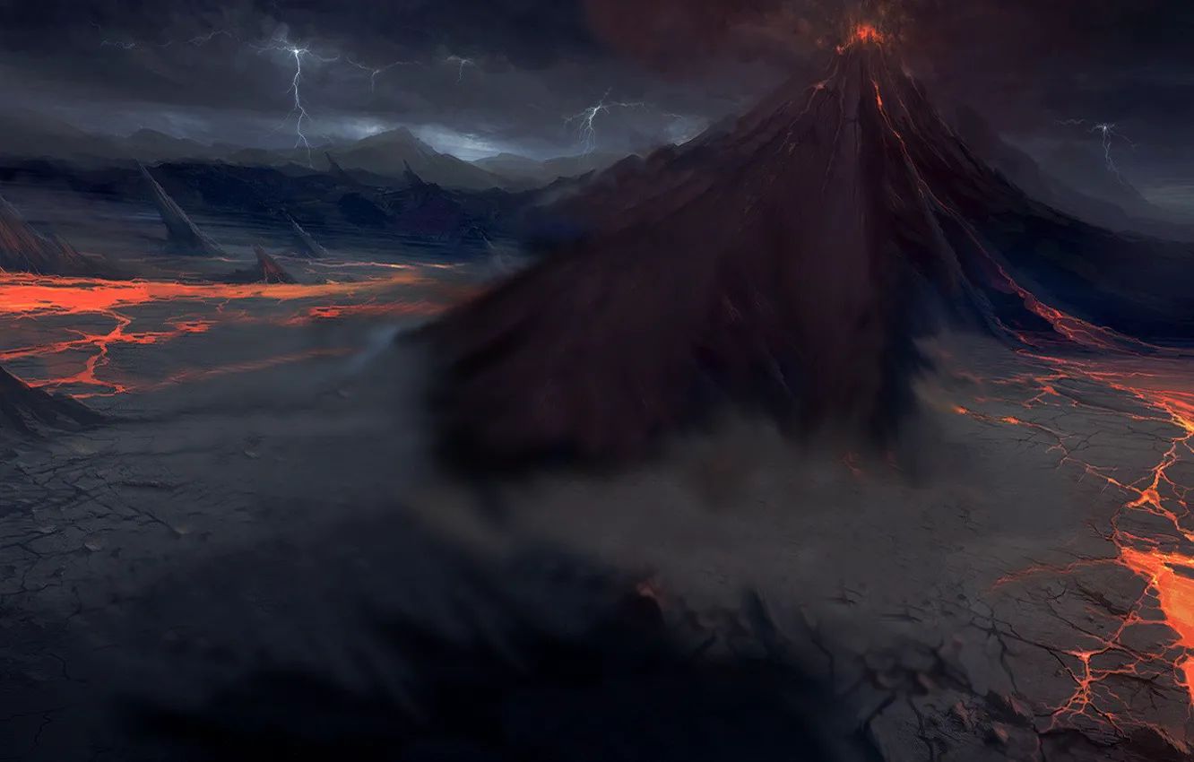 Фото обои молнии, Вулкан, лава