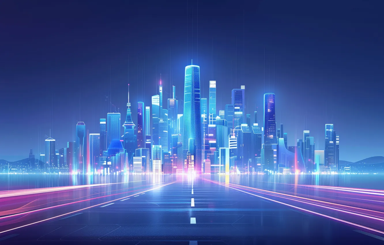 Фото обои city, skyline, blue, illustration, AI art, light streaks, VirTual