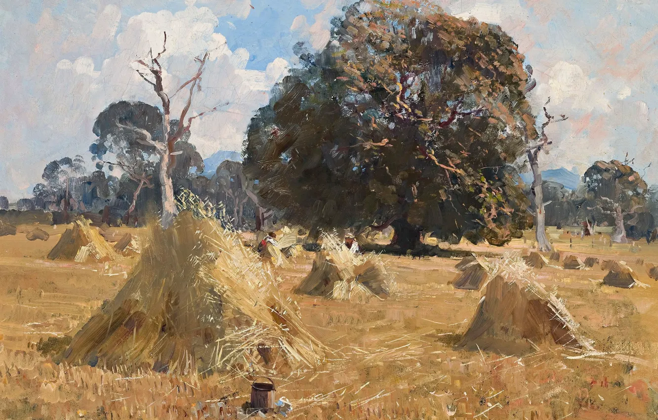 Фото обои поле, пейзаж, картина, стог, Arthur Streeton, Артур Стритон, Oat Harvest