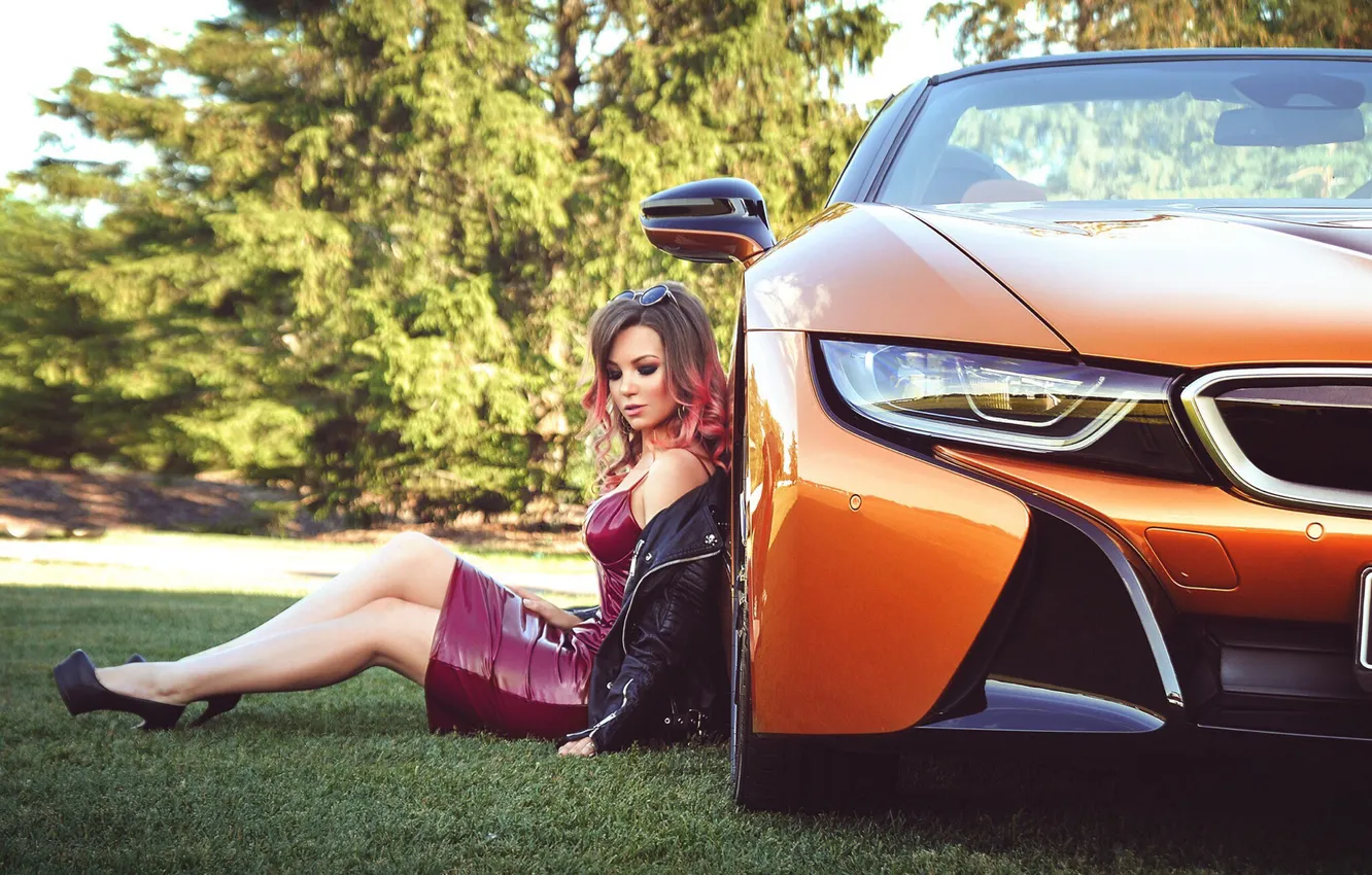 Фото обои car, girl, sexy, beautiful, model, leather, high heels, skirt