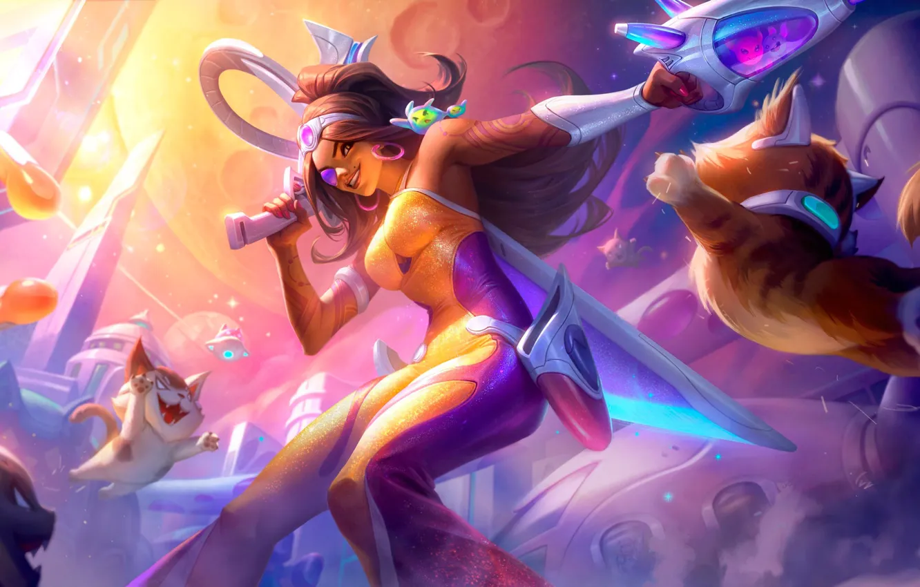 Фото обои девушка, кошки, фэнтези, League of Legends, Riot Games, Samira
