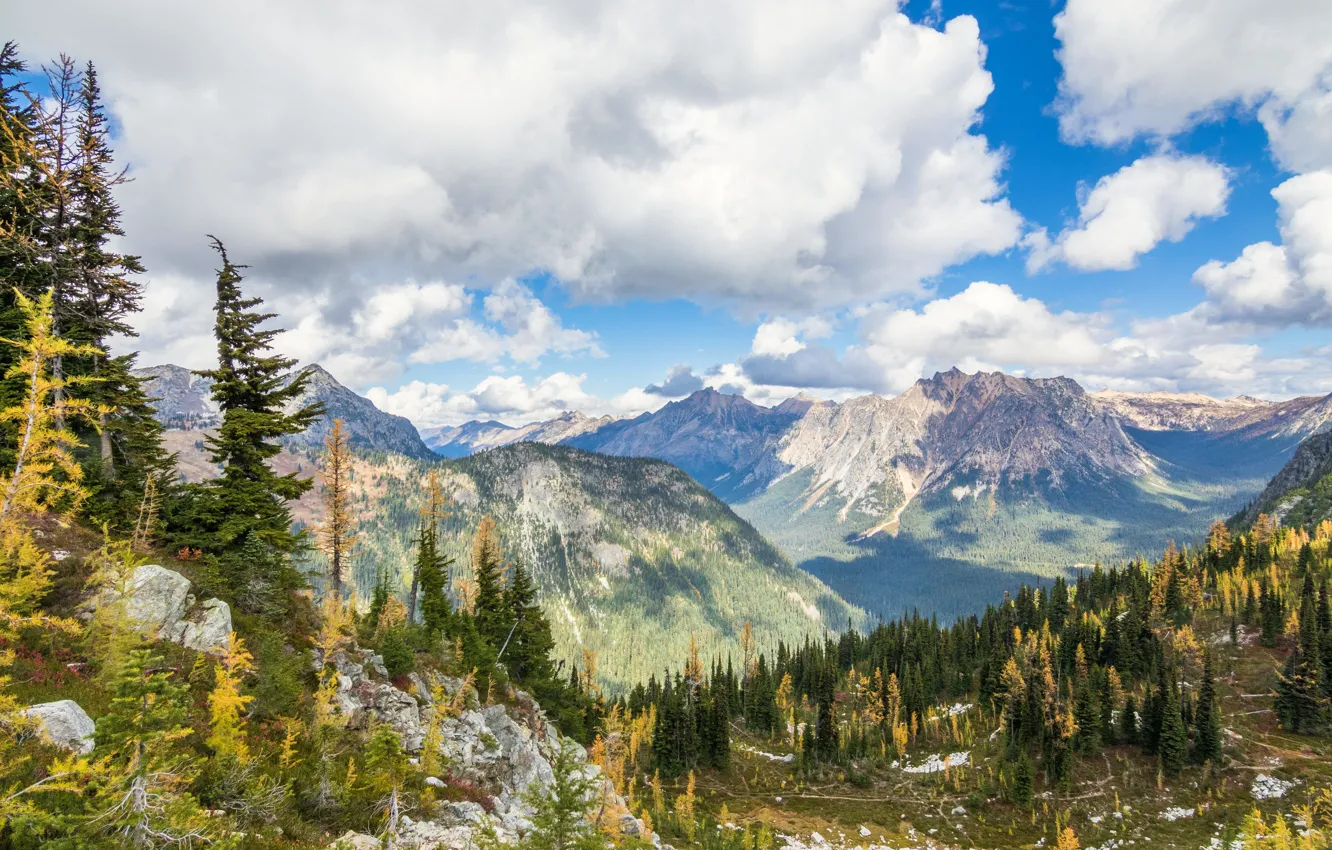 Фото обои небо, облака, деревья, пейзаж, горы, природа, красота