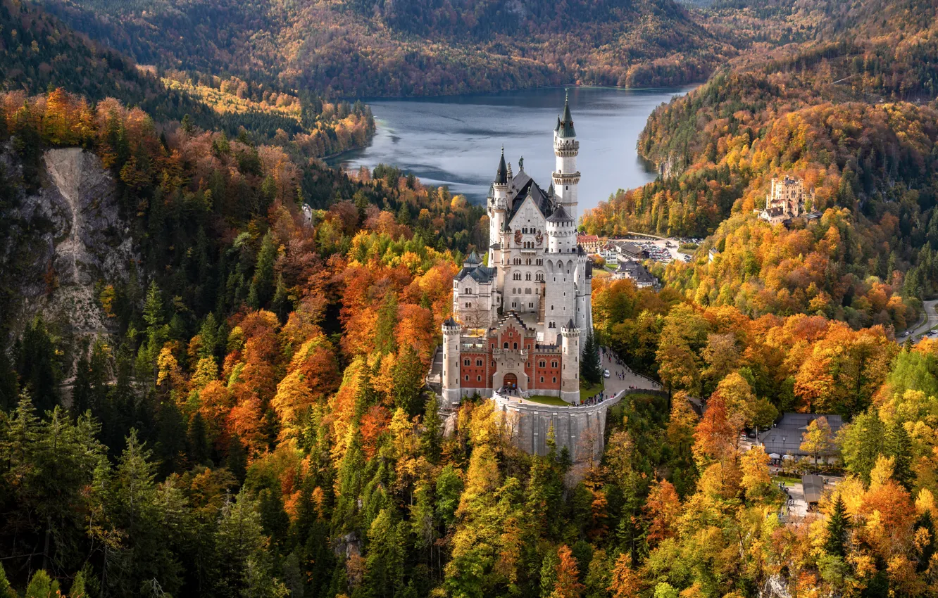 Фото обои осень, лес, озеро, замок, Германия, Бавария, Germany, Bavaria