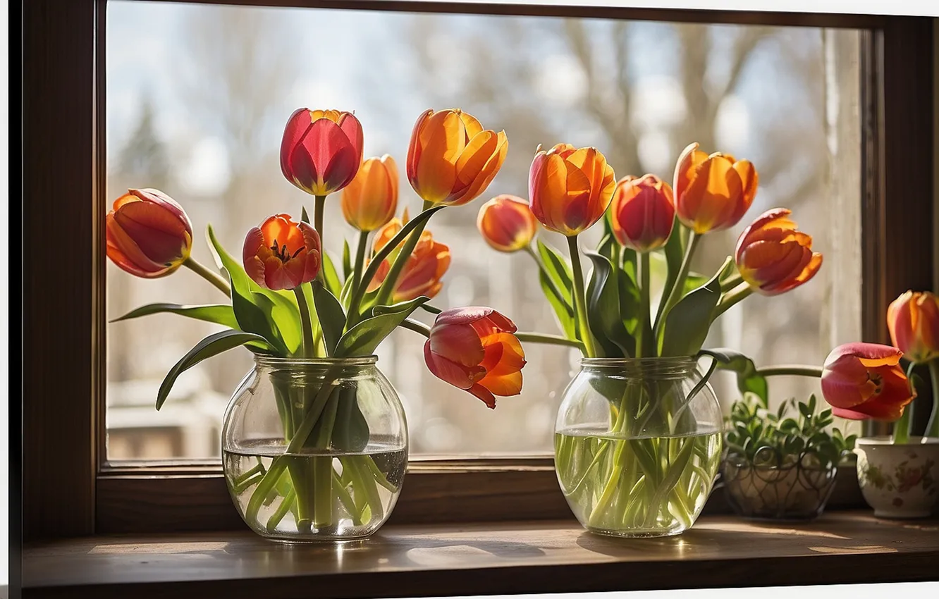 Фото обои стекло, листья, вода, свет, цветы, оранжевый, растение, тень