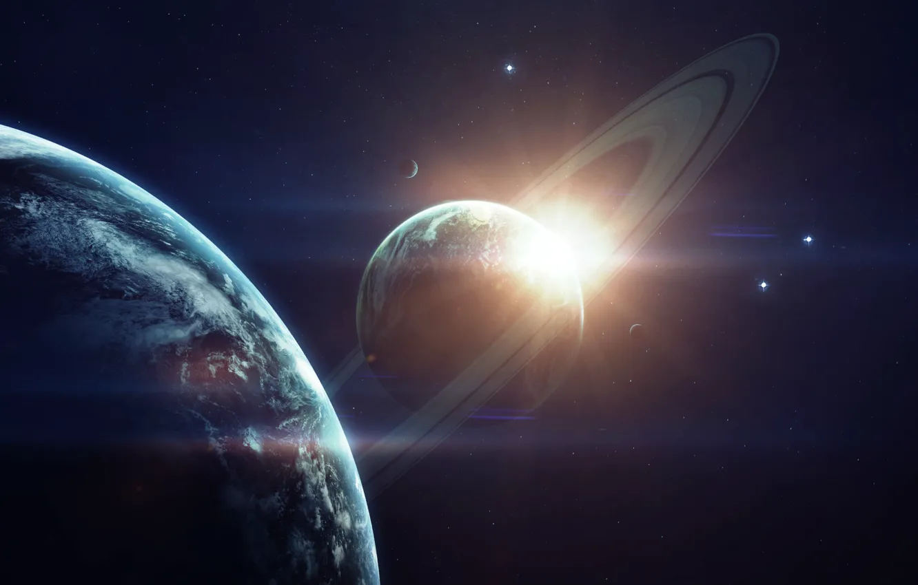 Фото обои космос, звезды, туманность, блики, планета, спутник, арт, space