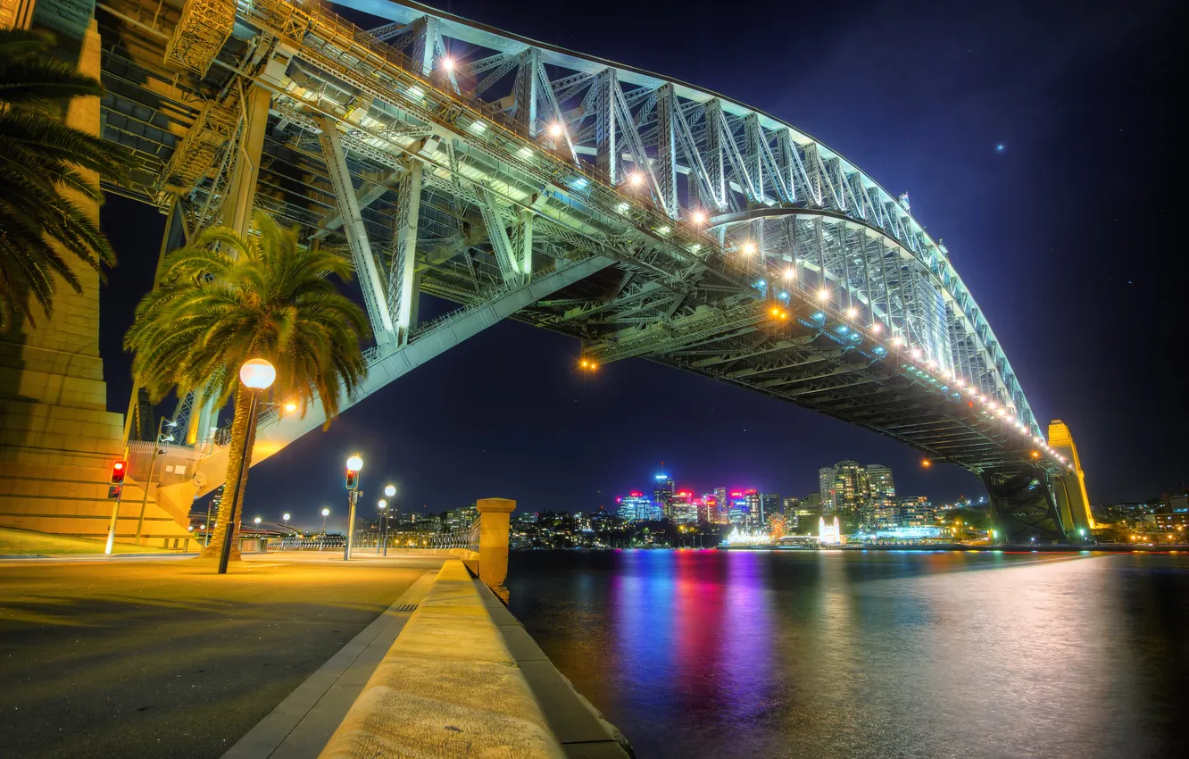 Фото обои мост, огни, дома, вечер, фонари, набережная, Australia, Sydney