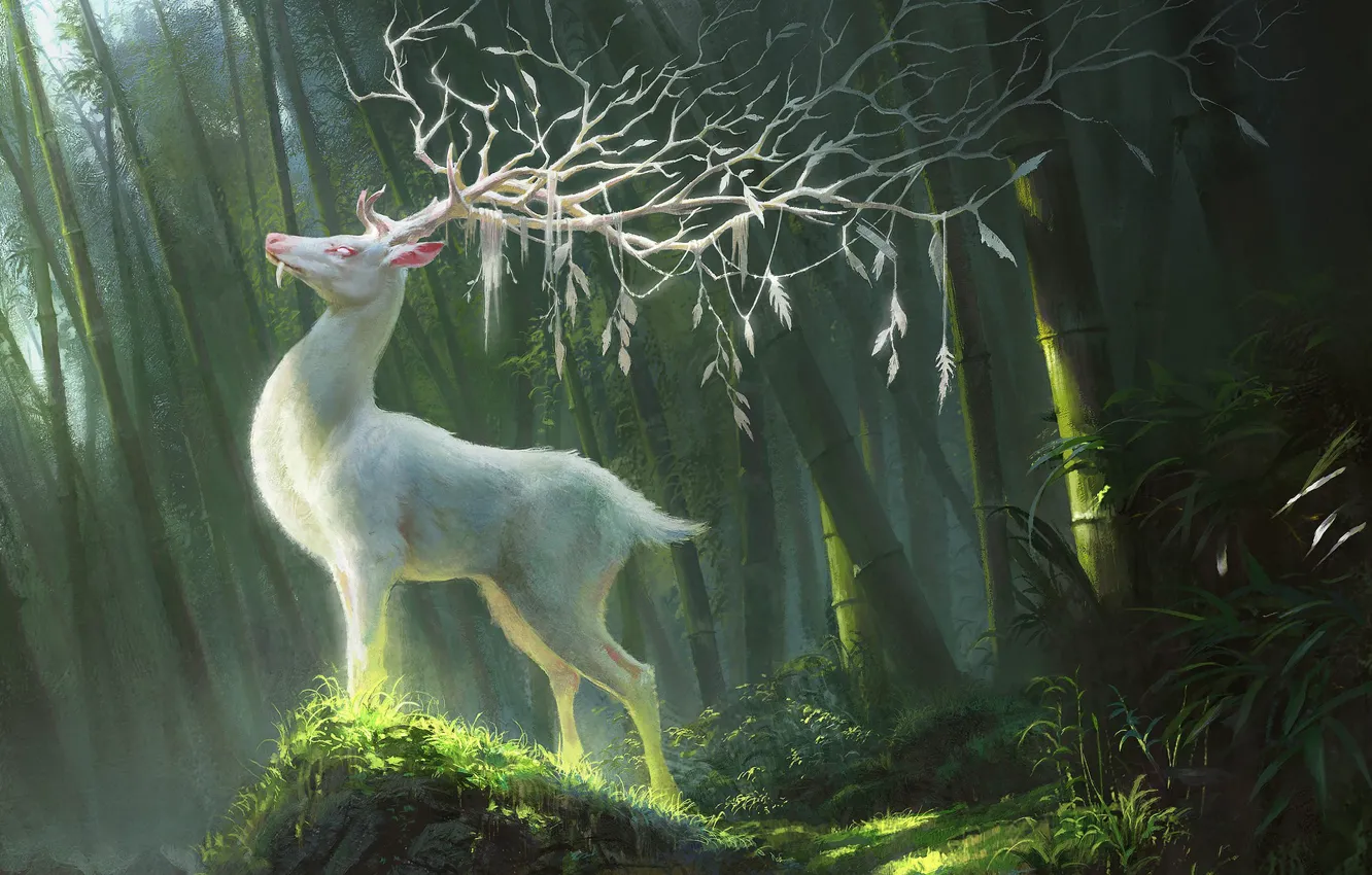 Фото обои fantasy, forest, horns, animal, digital art, artwork, branches, fantasy art