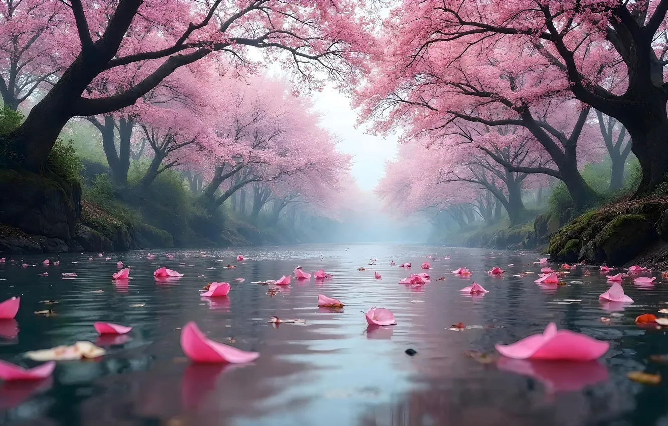 Фото обои деревья, парк, весна, лепестки, сакура, цветение, trees, pink