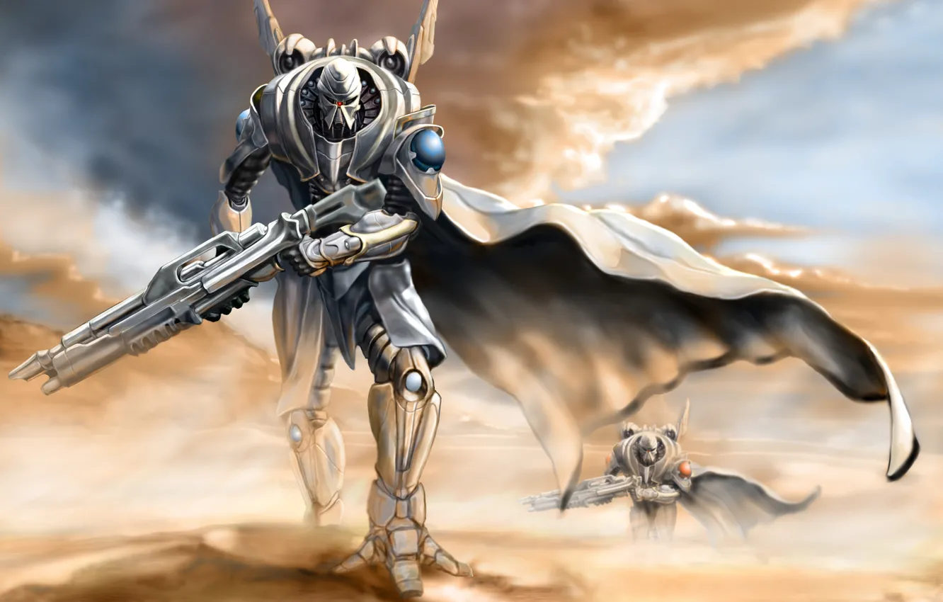 Фото обои песок, небо, оружие, фантастика, пустыня, пыль, роботы, арт