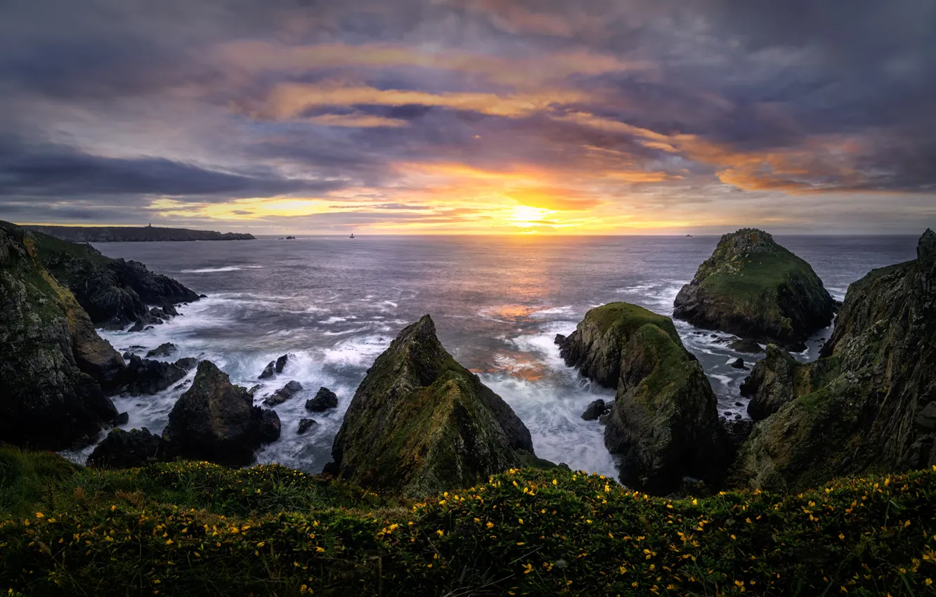 Фото обои море, солнце, пейзаж, закат, природа, скалы, берег, Франция