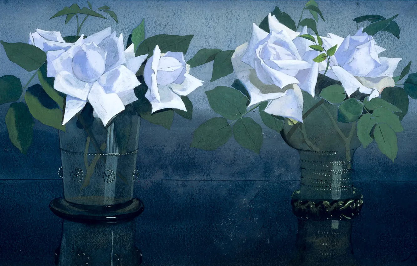 Фото обои цветы, рисунок, натюрморт, гуашь, Ян Воерман, Французские Розы в Двух Стеклянных Вазах