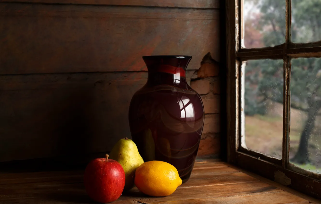 Фото обои лимон, яблоко, груша, кувшин, натюрморт
