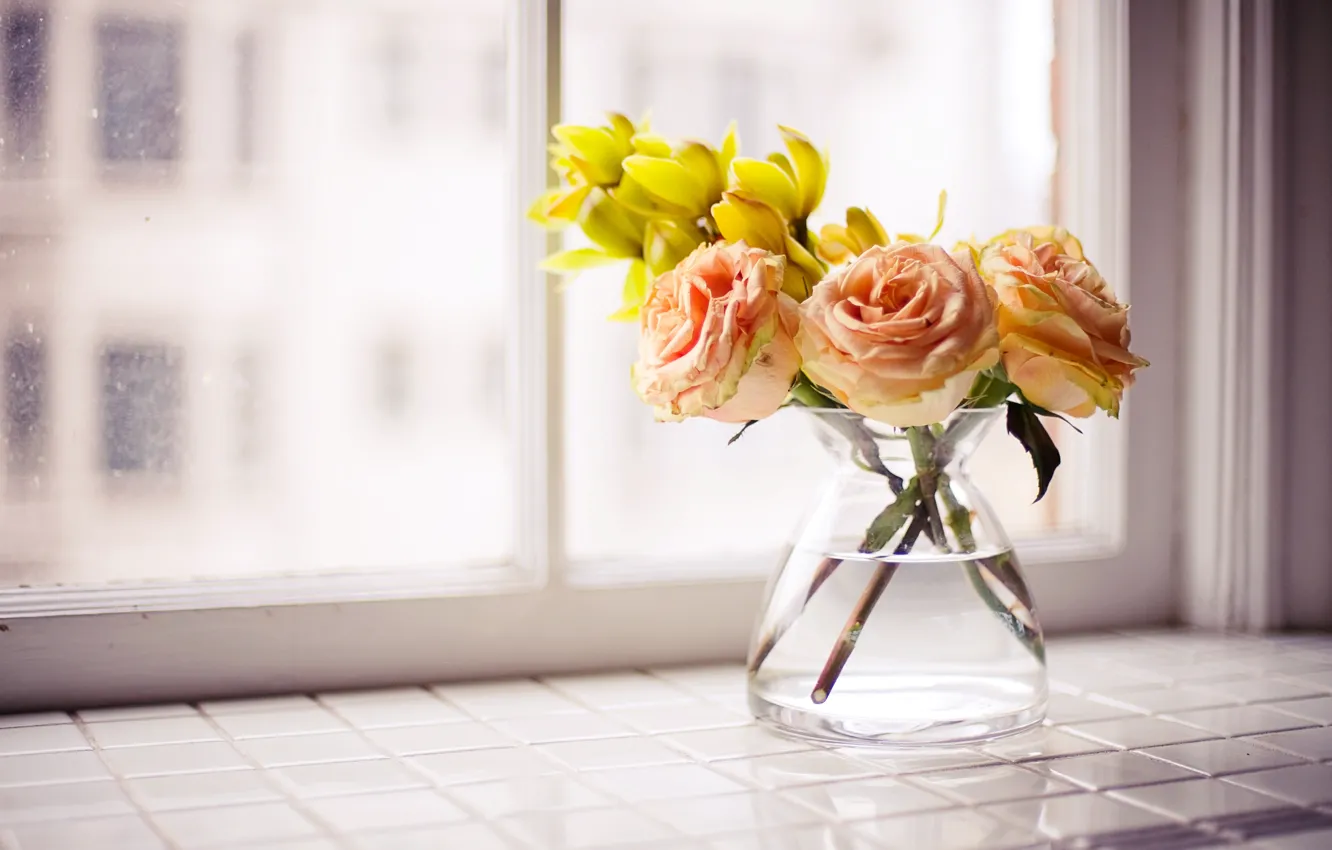 Фото обои цветы, розы, букет, ваза