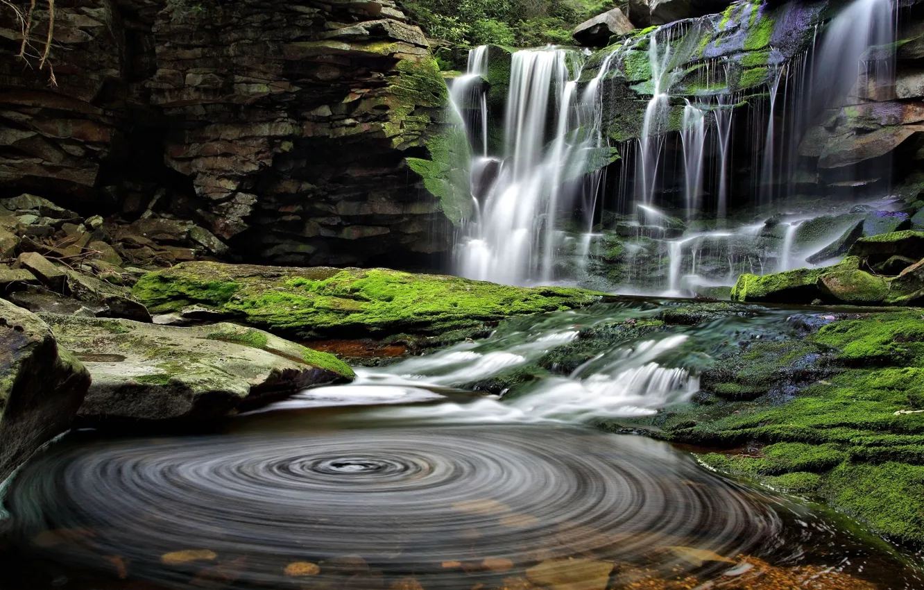 Фото обои вода, камни, водопад, мох, поток
