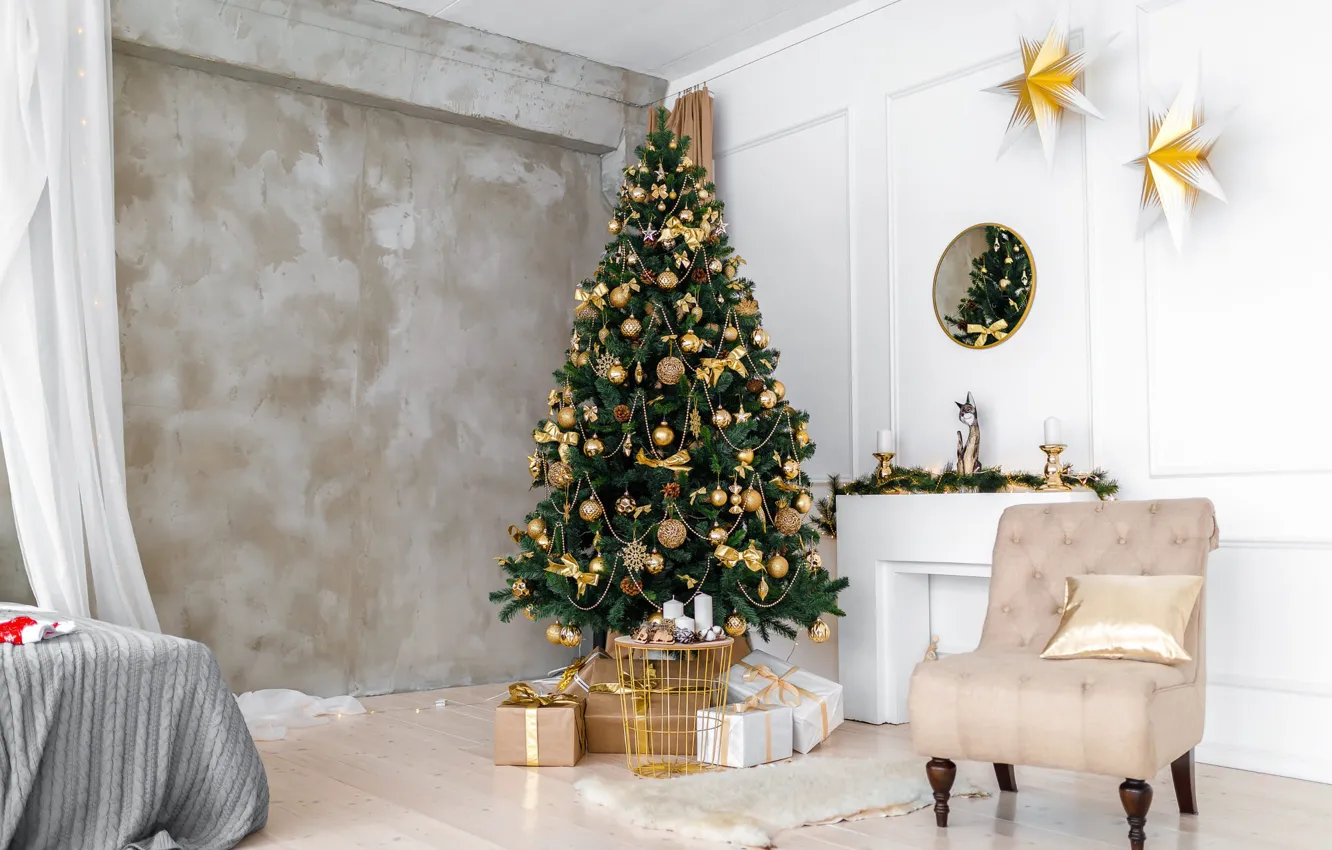 Фото обои зима, шарики, комната, праздник, интерьер, кресло, Рождество, Новый год