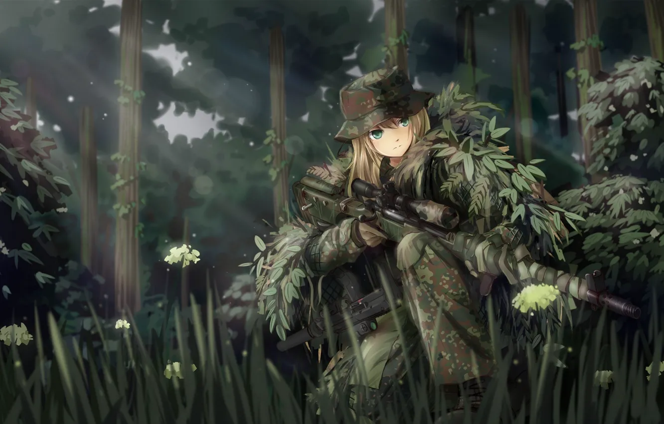 Фото обои лес, девушка, оружие, солдат, снайпер, камуфляж, art, tc1995