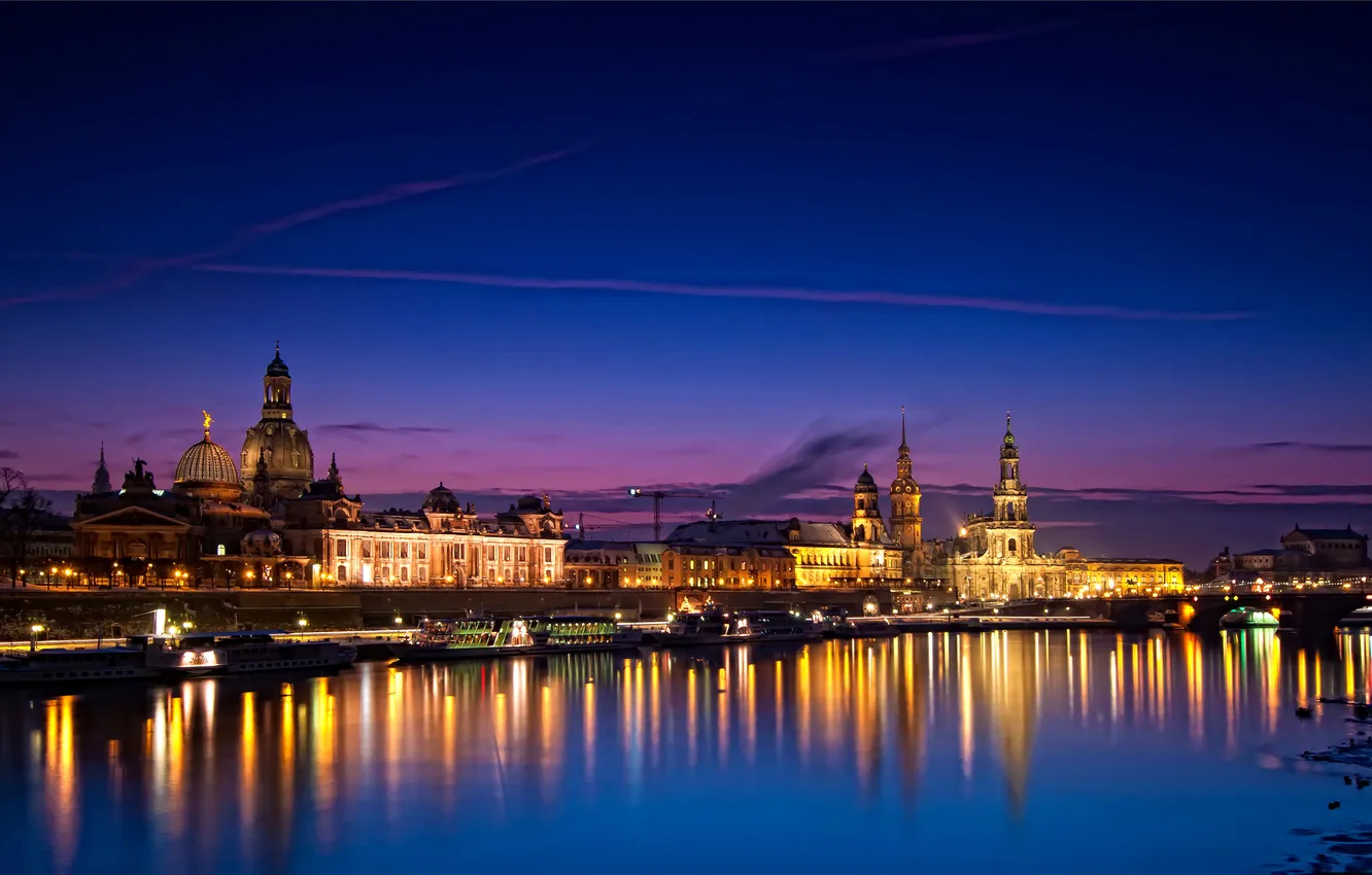 Фото обои ночь, мост, огни, река, дома, Германия, Dresden, дворцы