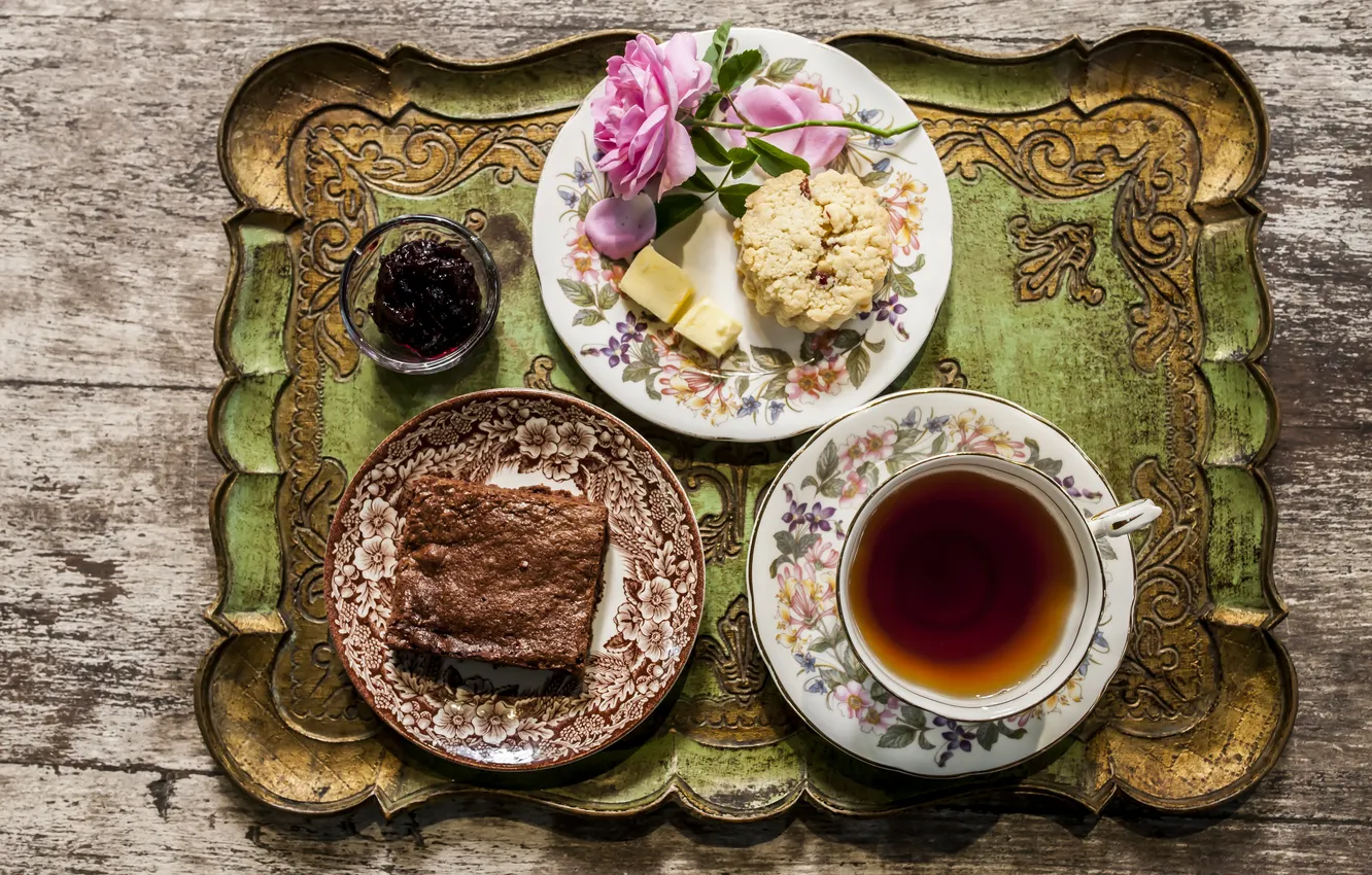 Фото обои цветок, чай, роза, шоколад, печенье, тарелка, напиток, блюдце