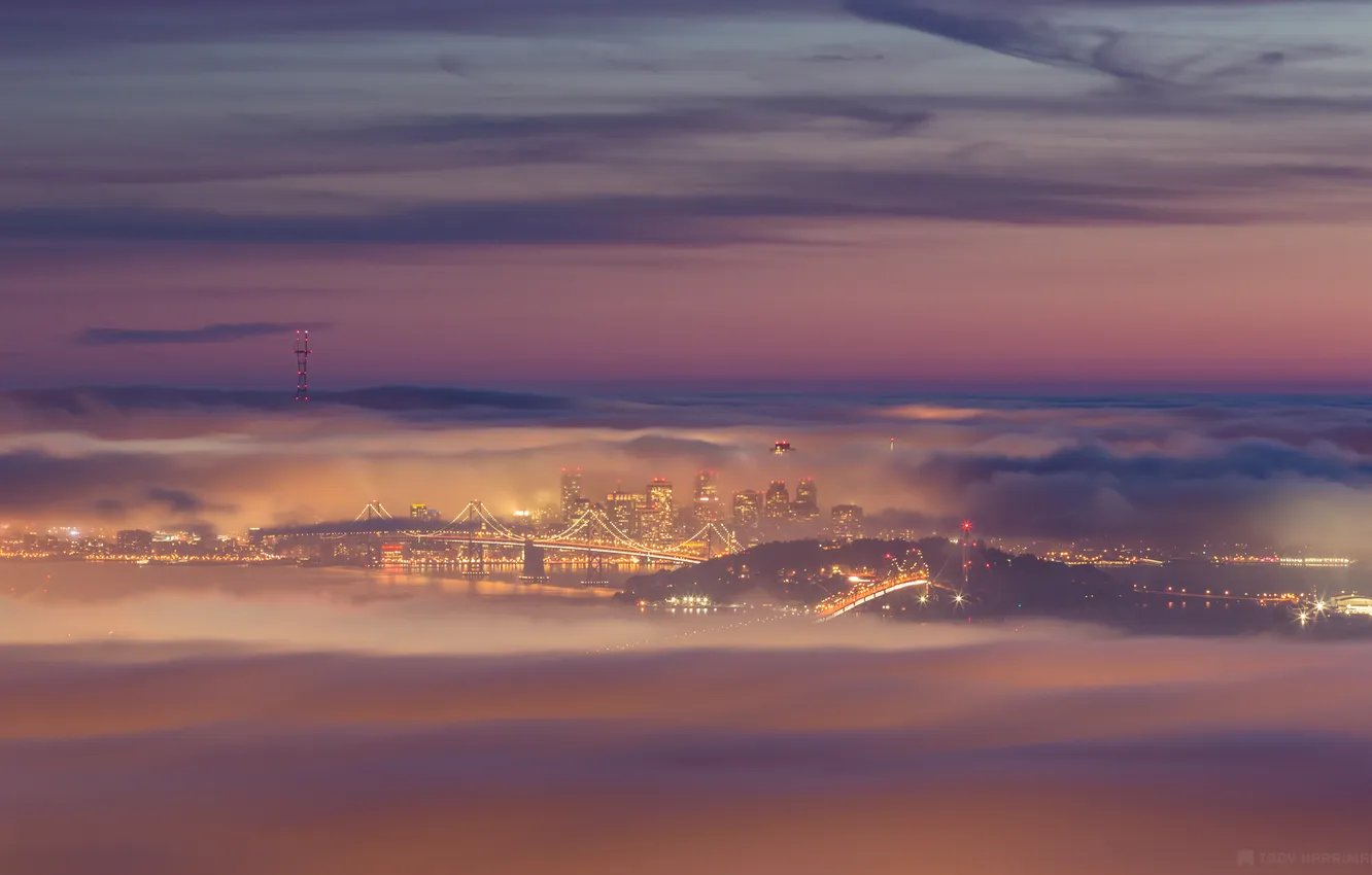 Фото обои закат, город, туман, Калифорния, Сан-Франциско, США, мост Бэй-Бридж