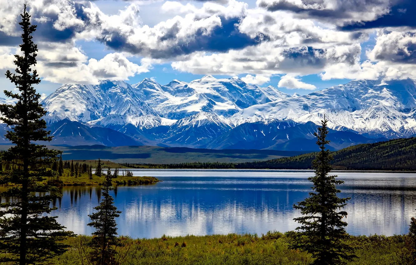Фото обои облака, деревья, горы, озеро, ледник, Аляска, США, Denali National Park