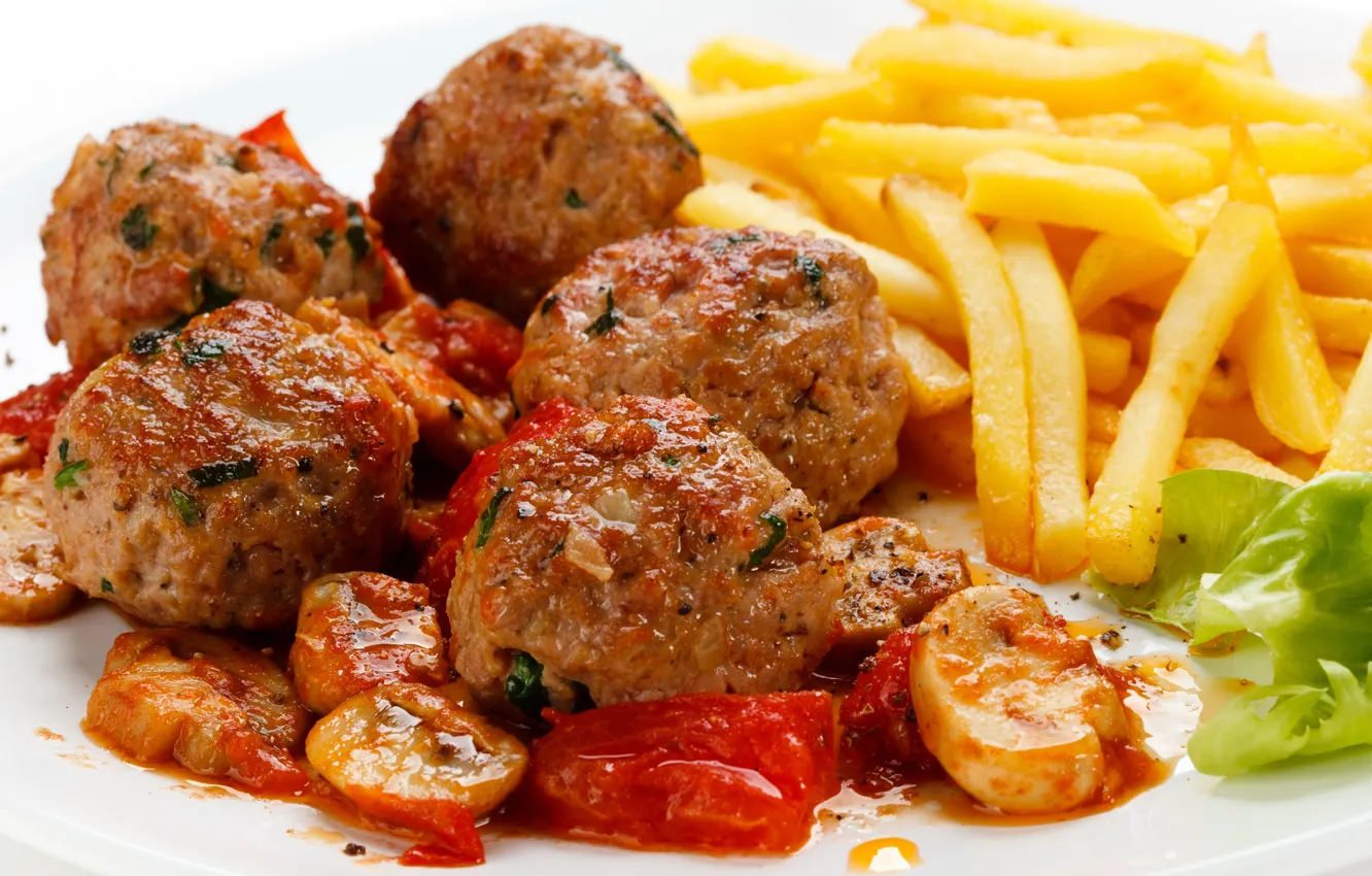 Фото обои food, mushrooms, lunch, potatoes, fries, meatballs