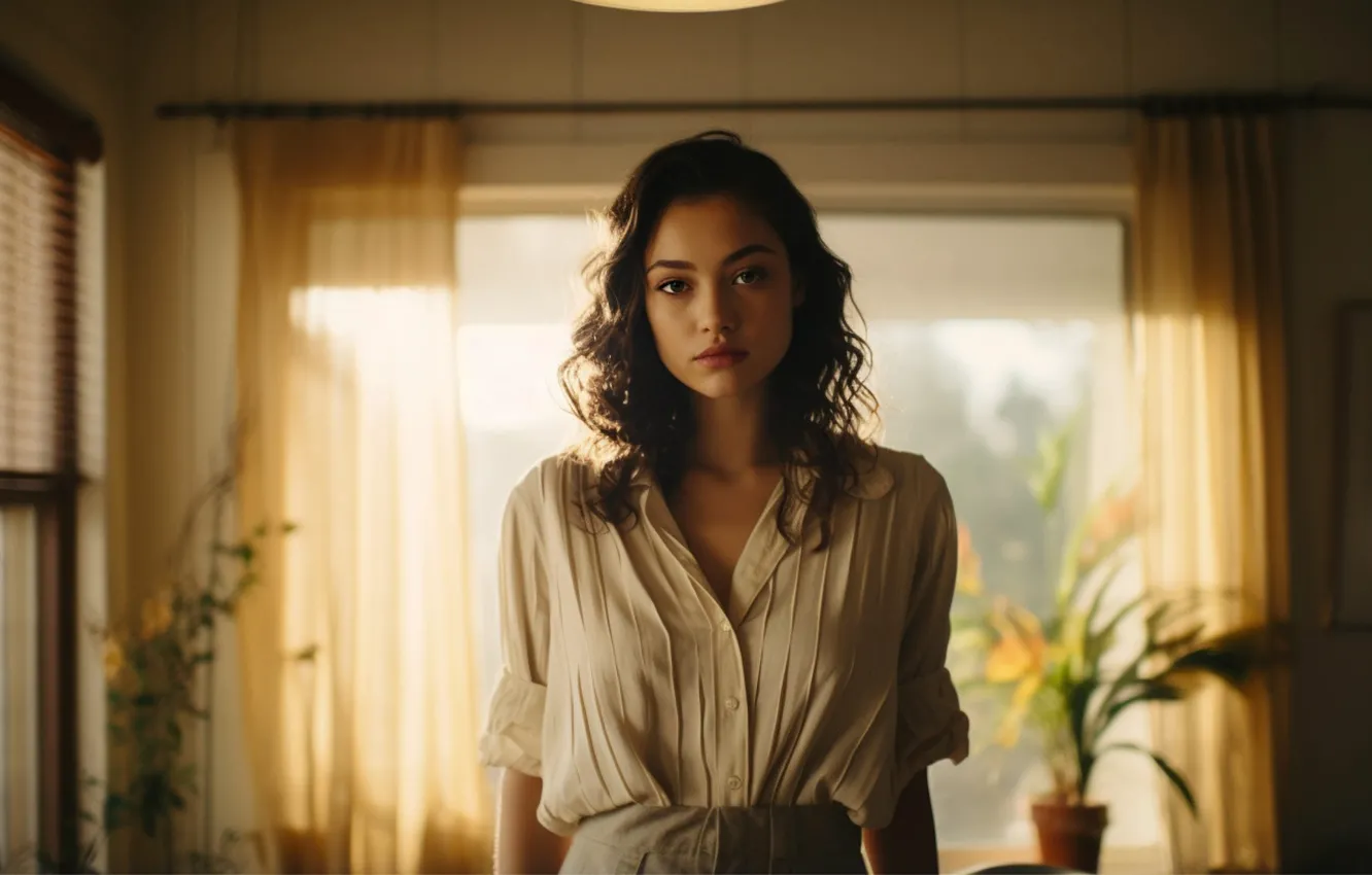 Фото обои взгляд, девушка, свет, поза, комната, портрет, брюнетка, окно