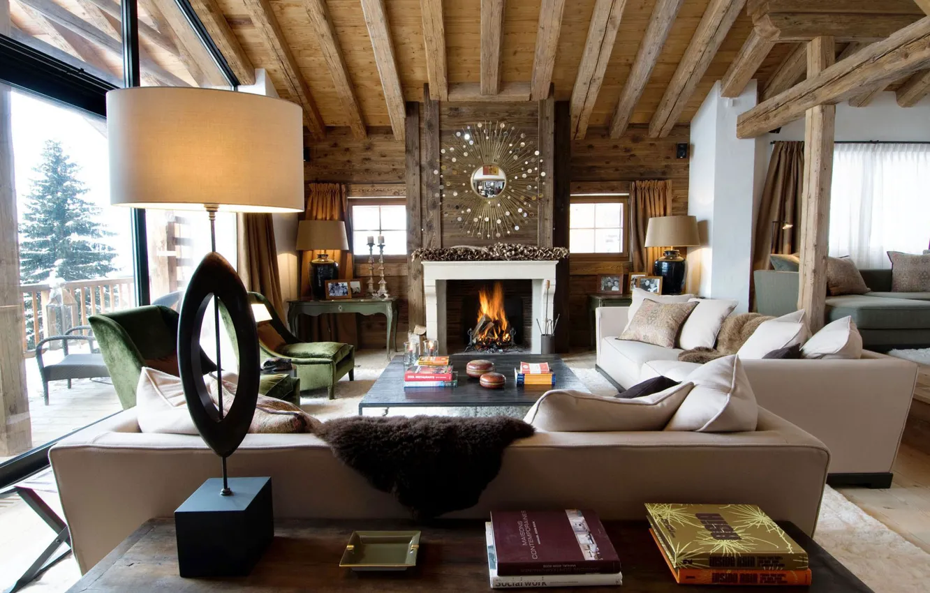 Фото обои стиль, интерьер, камин, гостиная, Luxury Chalet