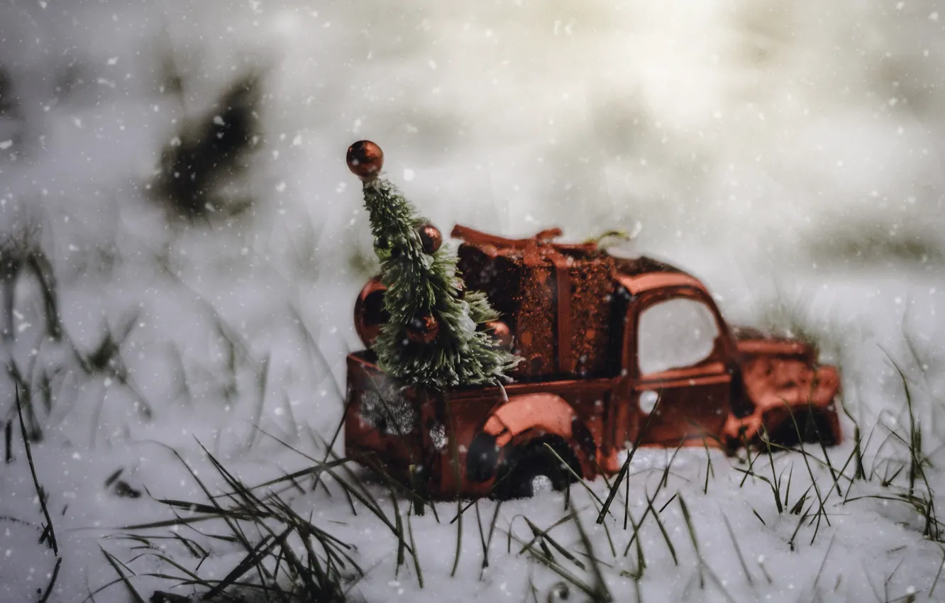 Фото обои машина, снег, игрушки, ёлка