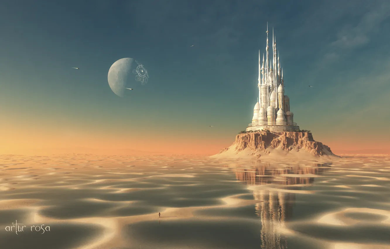 Фото обои песок, вода, замок, человек, остров, планета, корабли, мель