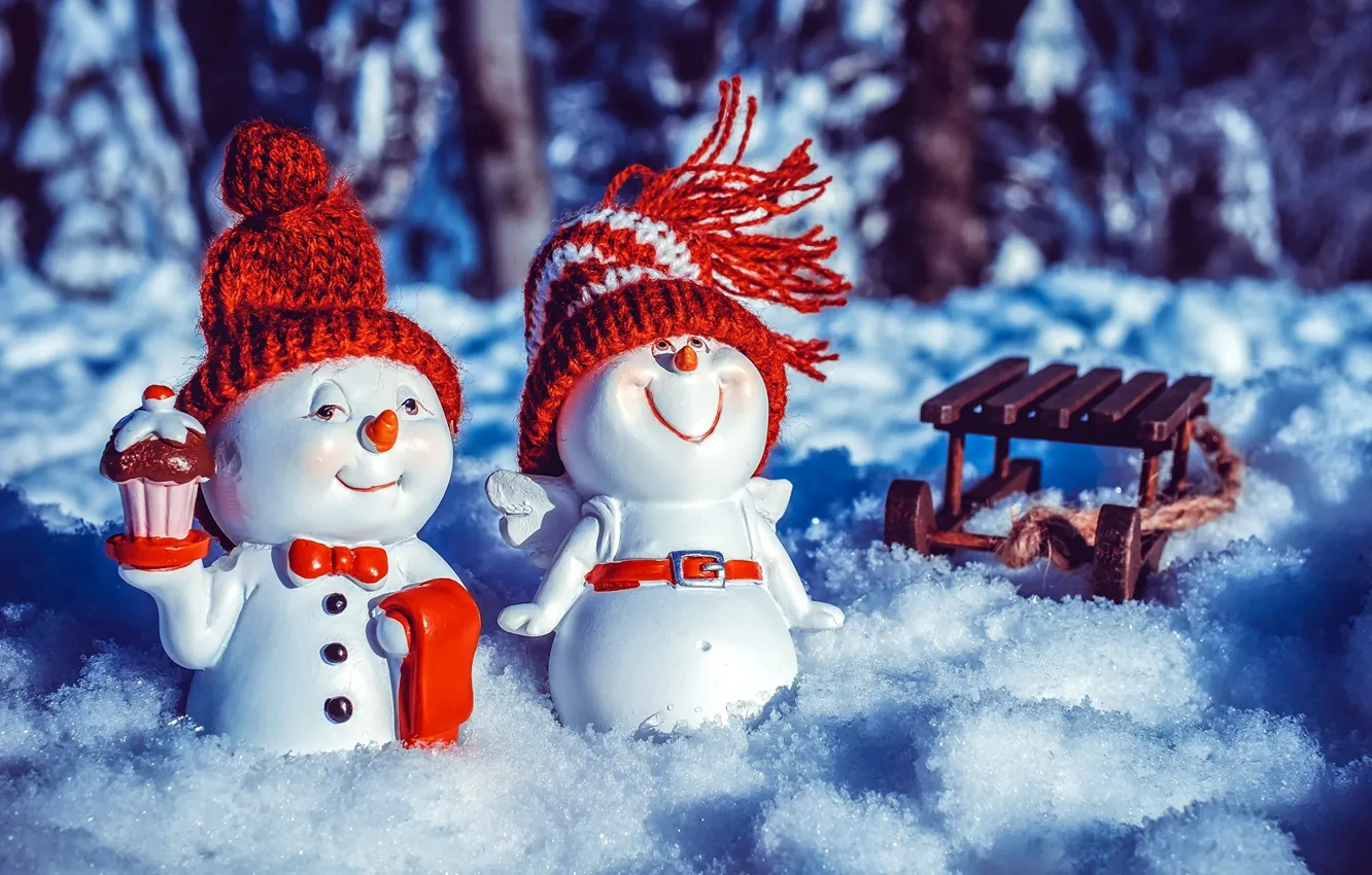Фото обои снег, новый год, рождество, снеговики, фигурки