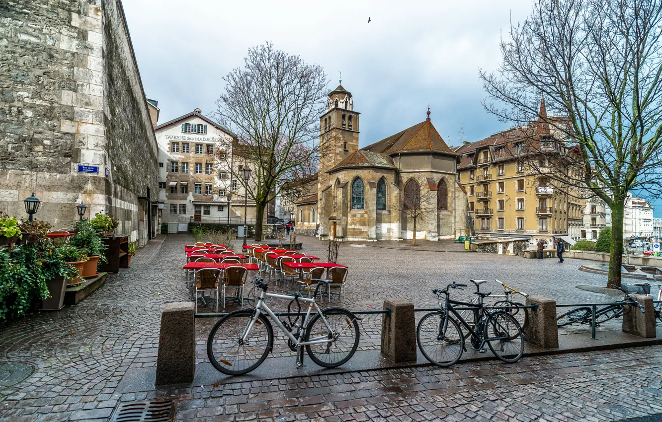 Фото обои город, улица, здания, Швейцария, Switzerland, street, велосипеды, town