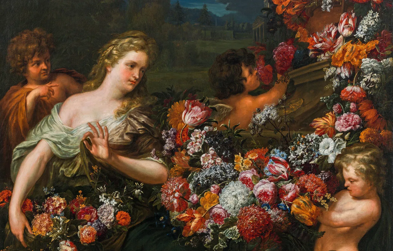 Фото обои Цветы, Картина, Флора, Абрахам Брейгель, Guillaume Courtois, Abraham Brueghel and Guillaume Courtois, Abraham Brueghel, Флора …