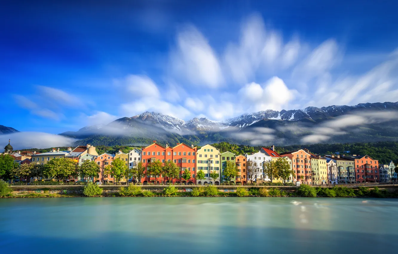 Фото обои облака, горы, озеро, дома, Австрия, Инсбрук