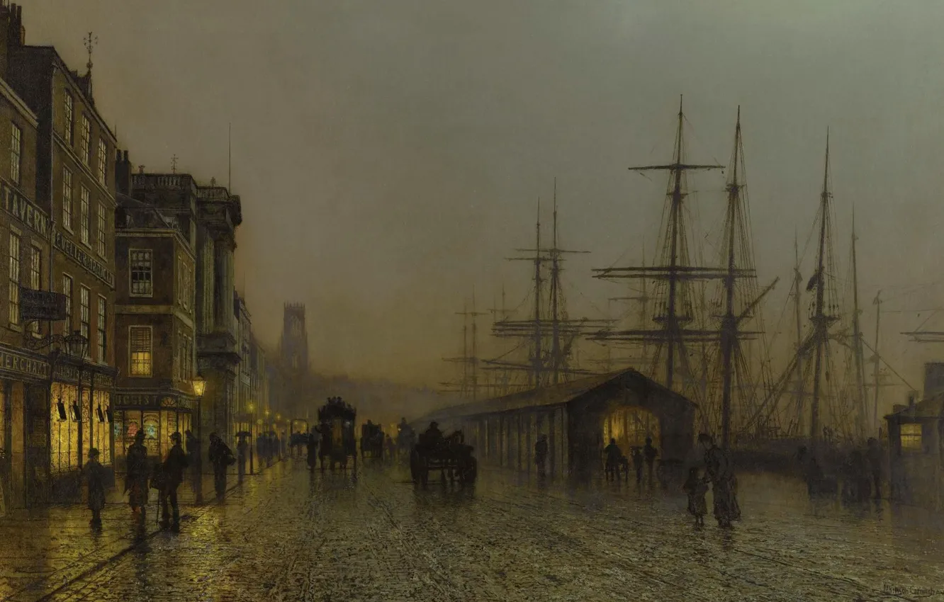 Фото обои корабль, картина, мачта, набережная, городской пейзаж, Джон Эткинсон Гримшоу, John Atkinson Grimshaw, Глазго. Субботняя Ночь