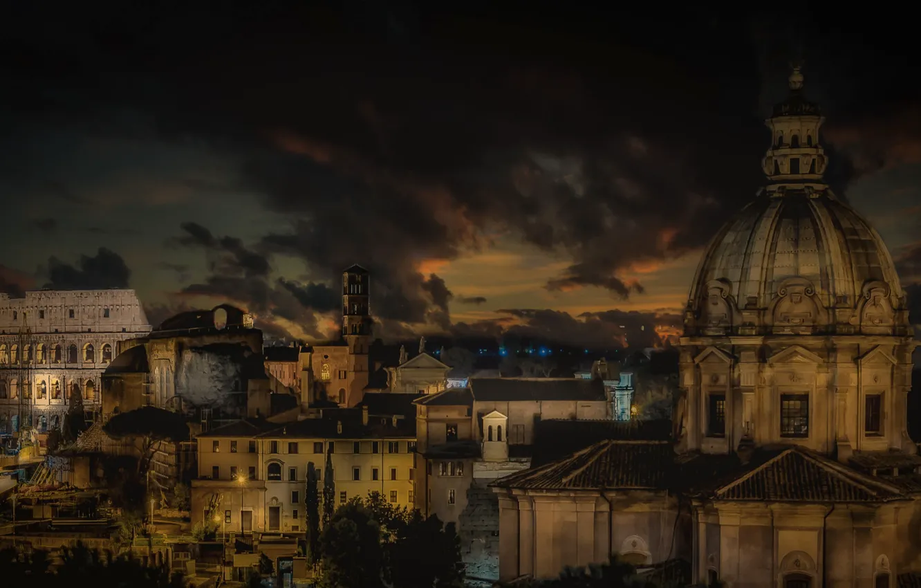 Фото обои ночь, дома, Рим, Италия, купол, базилика