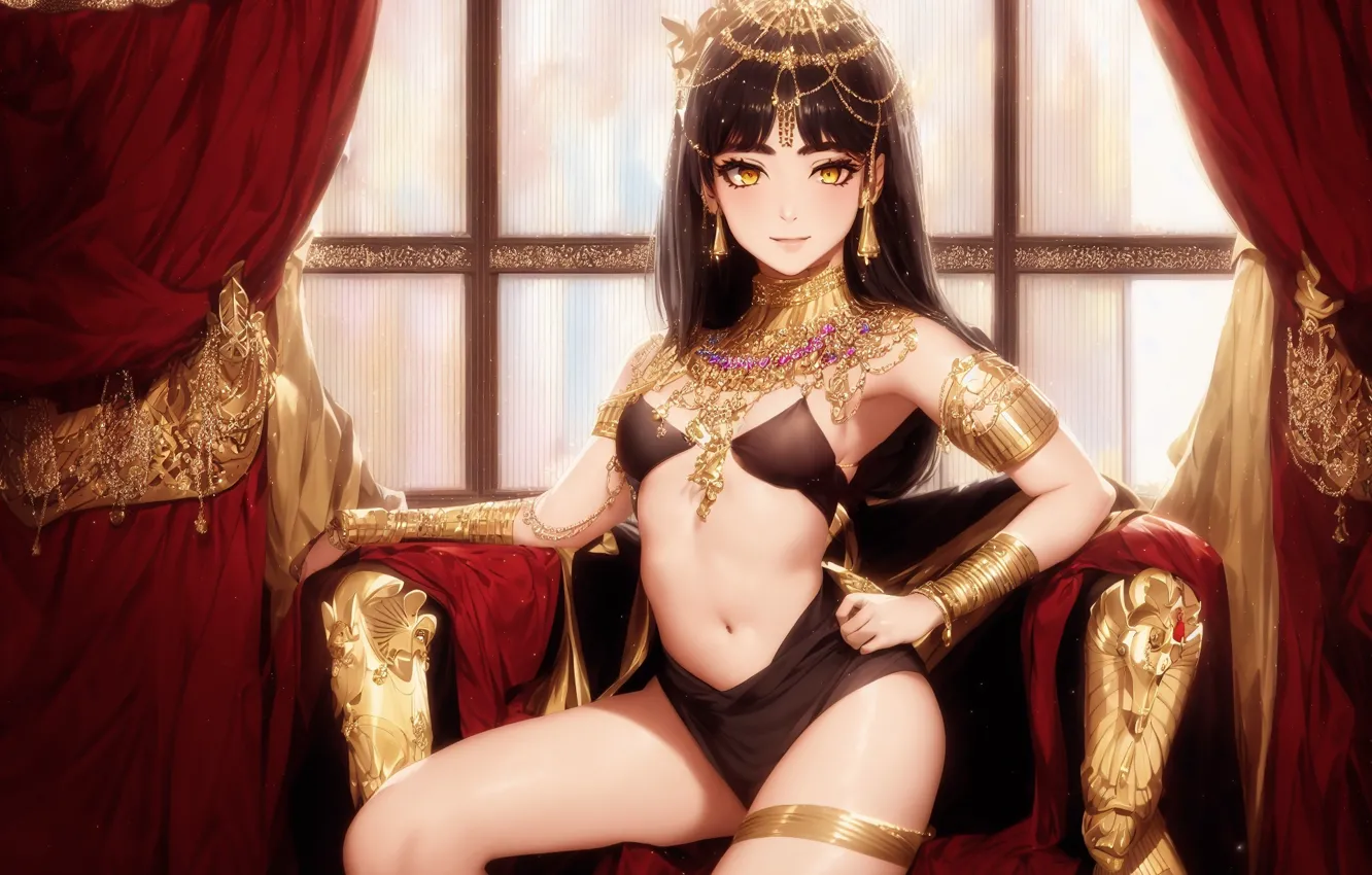 Фото обои anime, black hair, yellow eyes, jewels, anime girls, small boobs