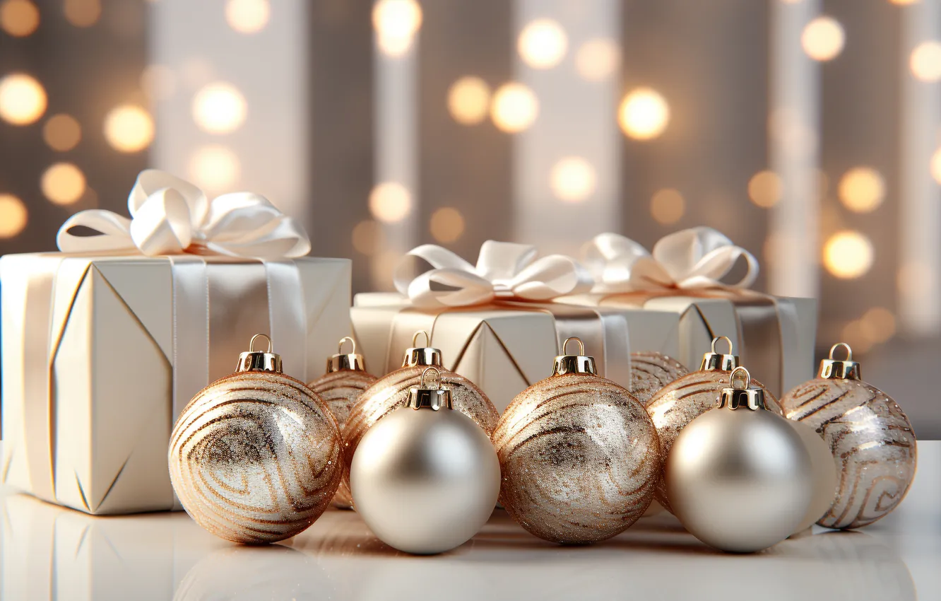 Фото обои украшения, шары, елка, Рождество, подарки, Новый год, golden, Christmas
