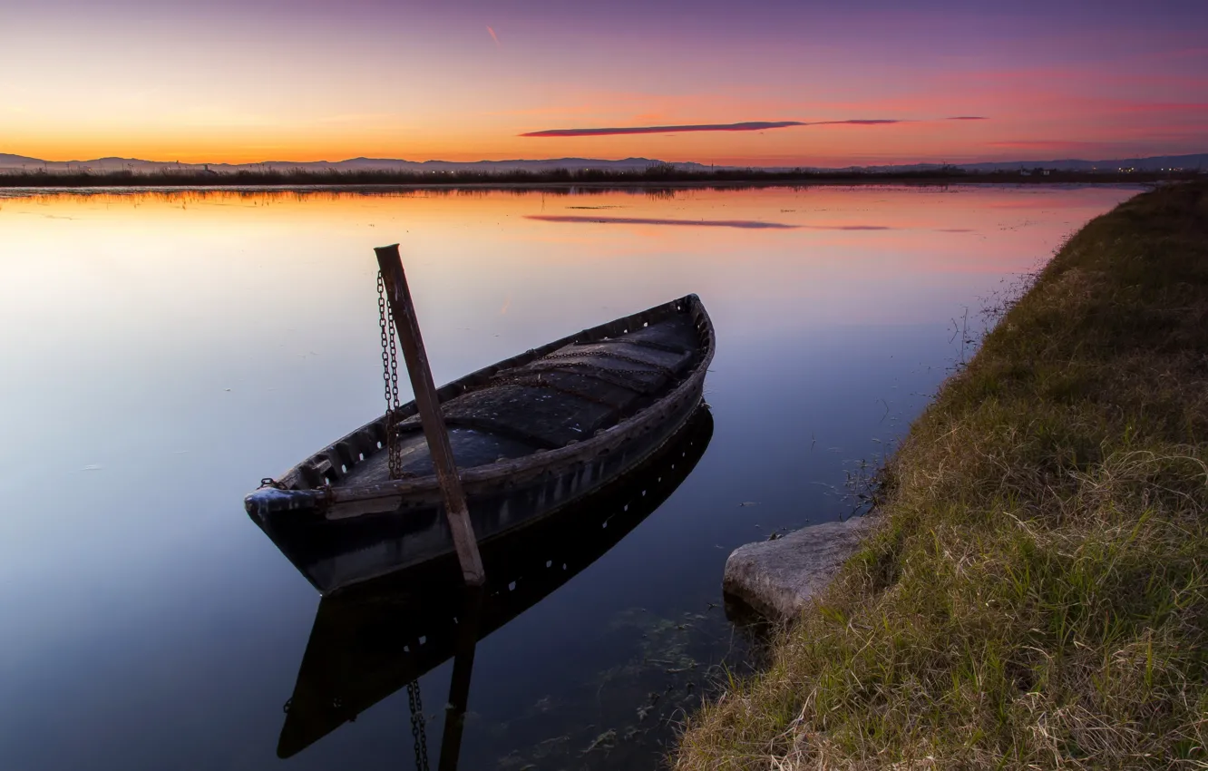 Фото обои закат, река, лодка