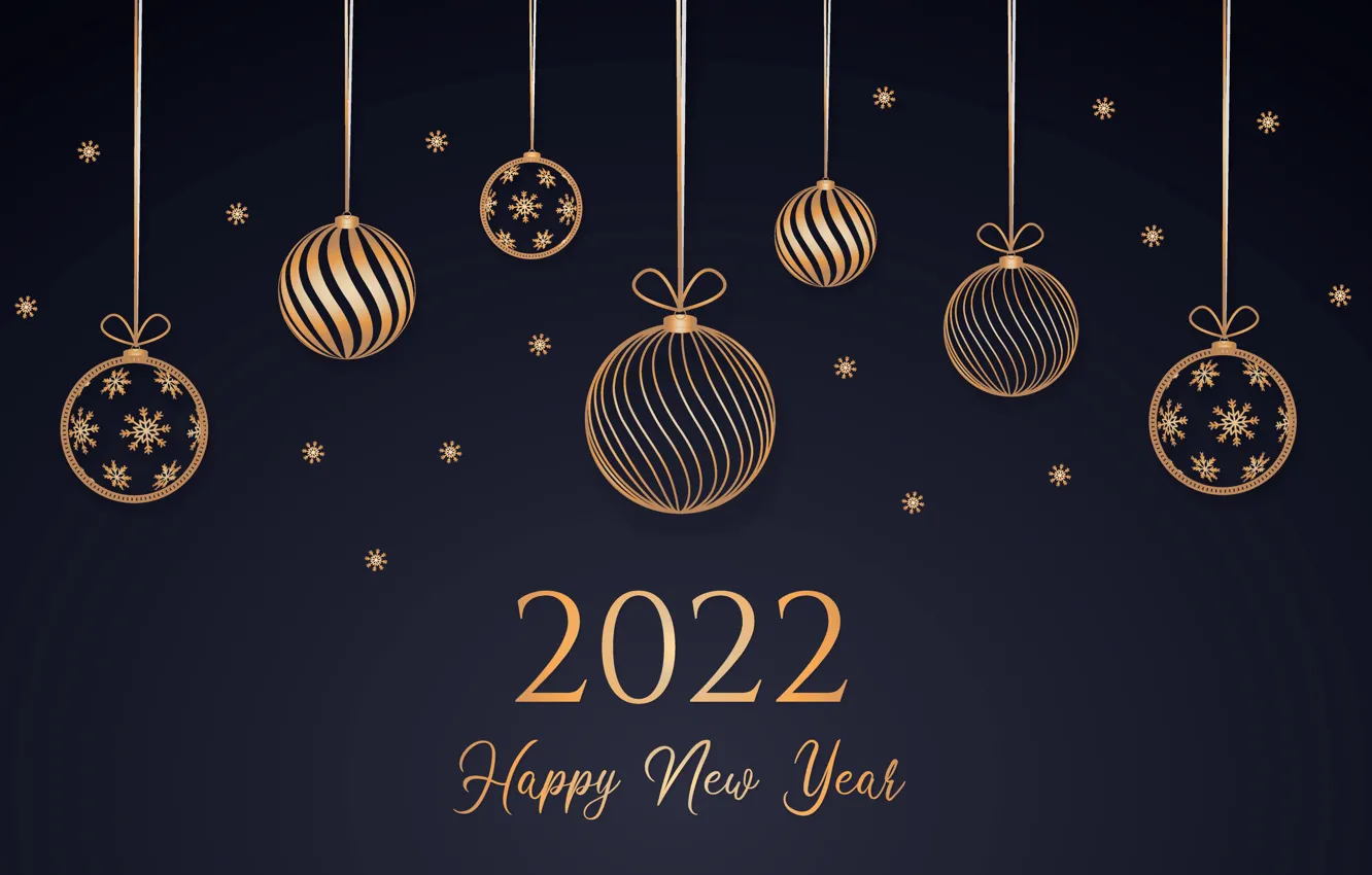 Фото обои золото, шары, цифры, Новый год, golden, черный фон, new year, happy