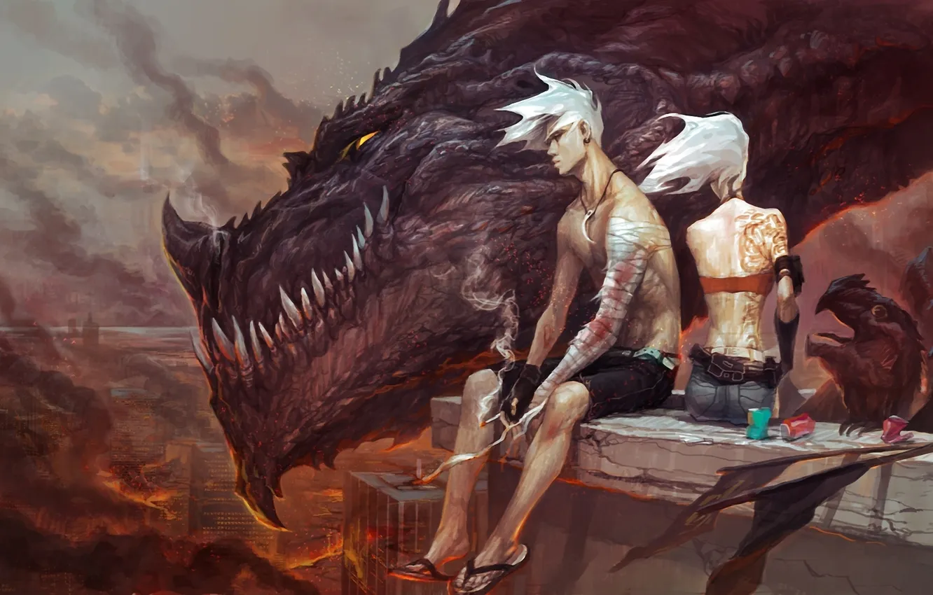 Фото обои девушка, город, огонь, дракон, тату, арт, сигарета, разрушение