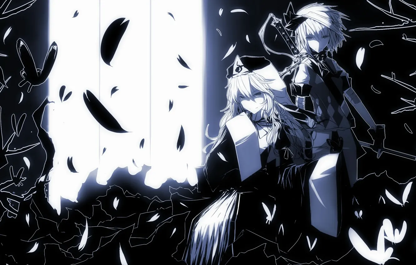 Фото обои бабочки, оружие, девушки, катана, перья, арт, touhou, carbon