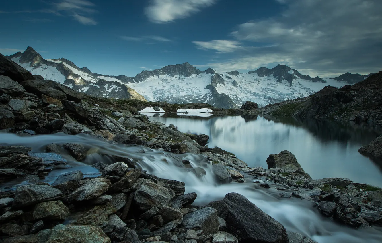 Фото обои снег, пейзаж, горы, природа, река