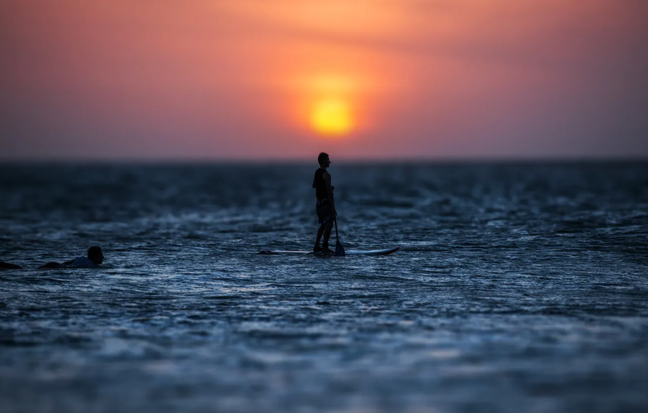 Фото обои море, закат, горизонт, серфер, экстремальный спорт, сапсёрфинг