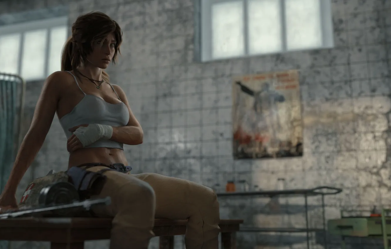 Фото обои Девушка, Tomb Raider, Лара Крофт, Сидит, Game, Lara Croft, Помещение