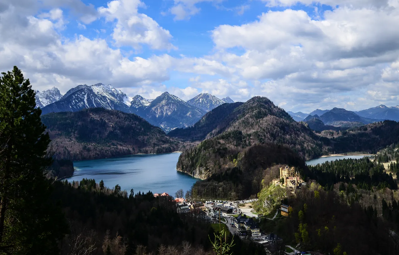 Фото обои пейзаж, горы, природа, озеро, замок, Германия, Бавария, Альпы