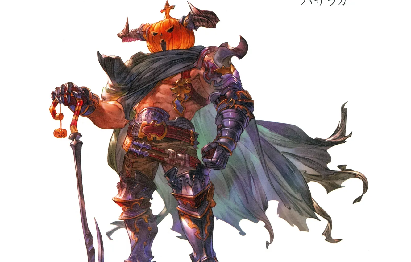 Фото обои монстр, рогатый, светильник Джека, железная рука, Pumpkin King, Granblue Fantasy, тыква с глазами, мускулистый