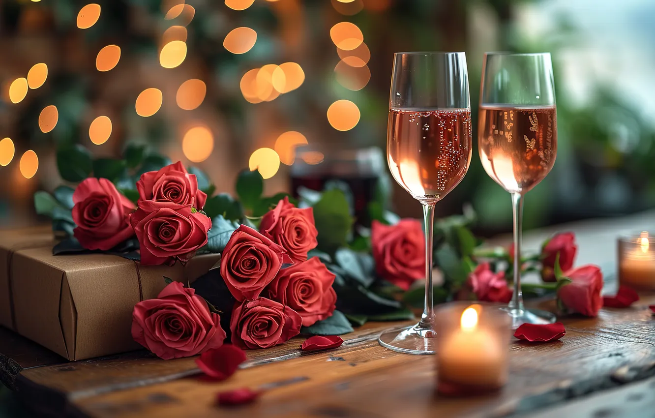 Фото обои любовь, цветы, подарок, романтика, розы, бокалы, love, шампанское