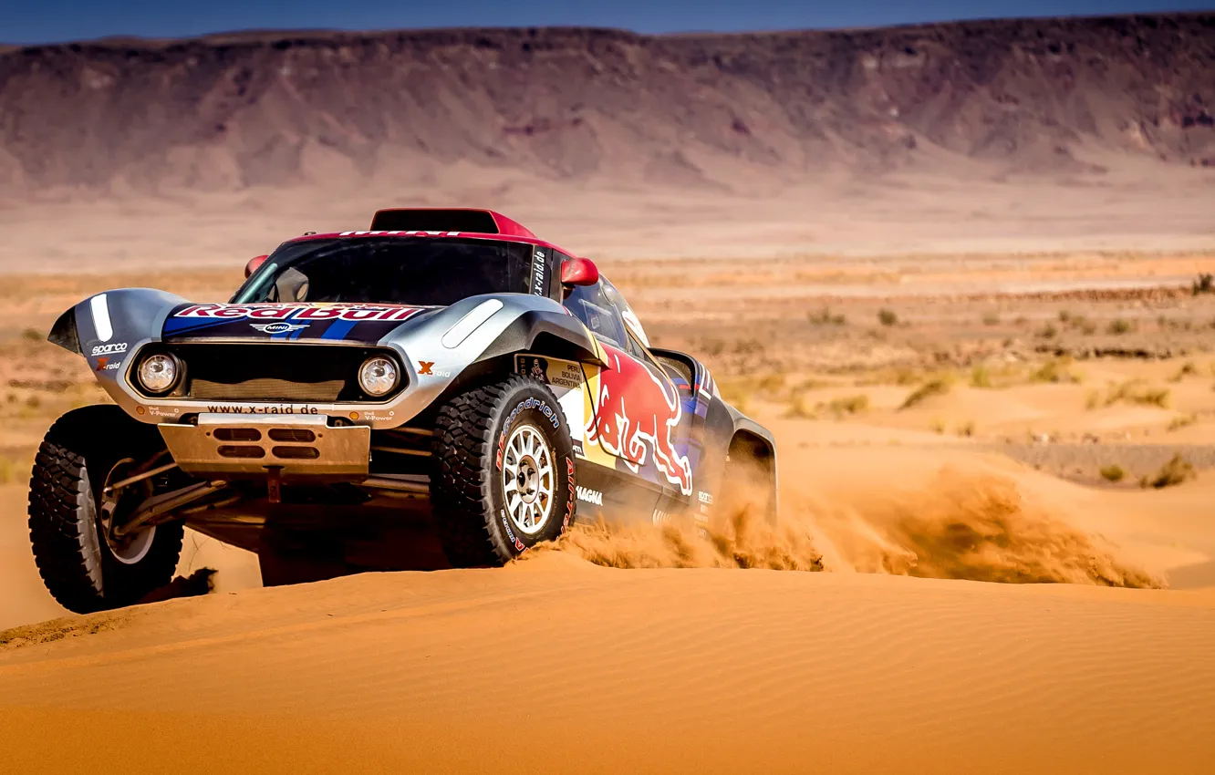 Фото обои Песок, Авто, Mini, Спорт, Пустыня, Скорость, Rally, Dakar