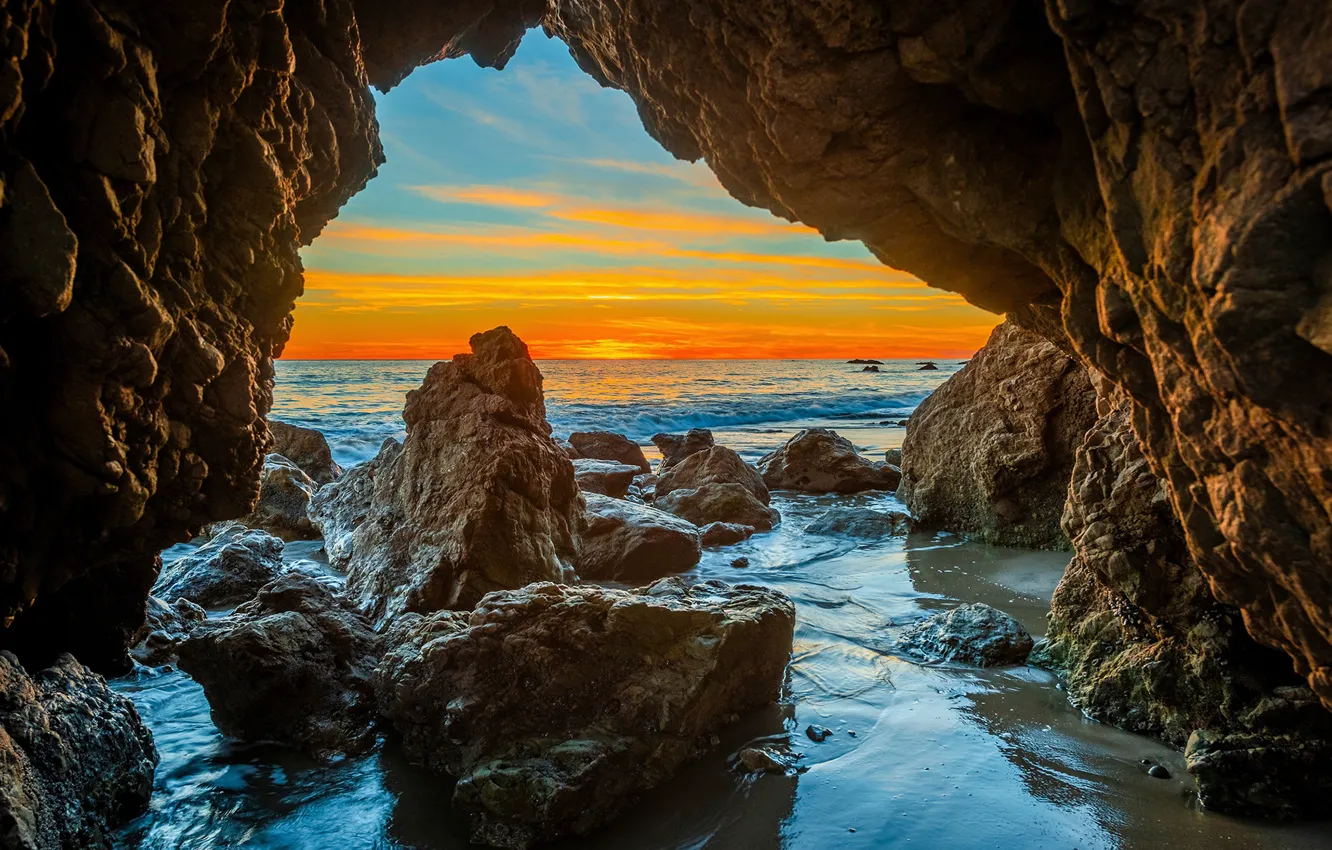 Фото обои закат, скала, камни, океан, Калифорния, Malibu Beach