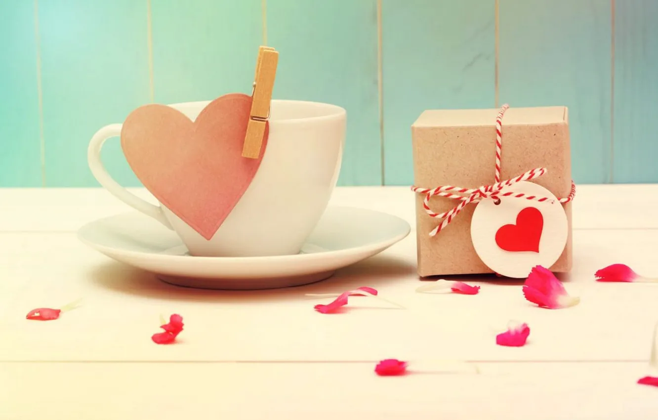Фото обои подарок, романтика, сердца, чашки, День святого Валентина, cup, hearts, Valentine's Day